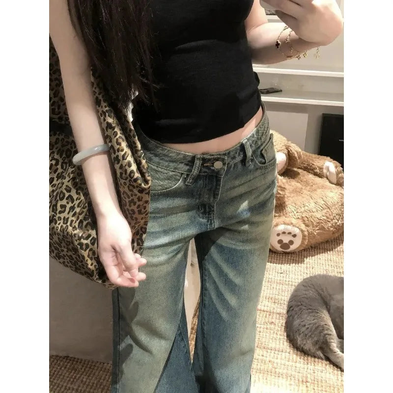 Women Vintage Washed Wide Leg Jeans High Waist Loose Flared Denim Pants Casual Streetwear Trousers