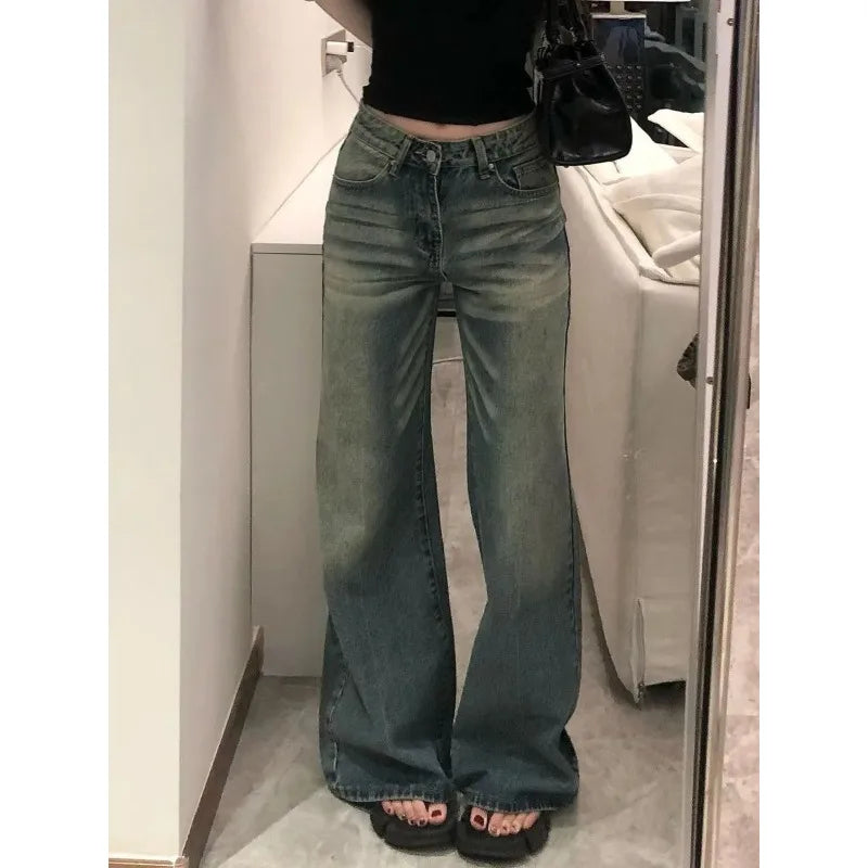 Women Vintage Washed Wide Leg Jeans High Waist Loose Flared Denim Pants Casual Streetwear Trousers