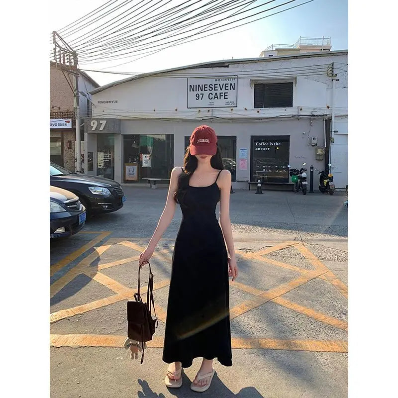 Women'S Sleeveless Spaghetti Strap Midi Dress Hepburn Style French Pure Desire Bodycon Flare Dress Casual Vacation Beach Outfit
