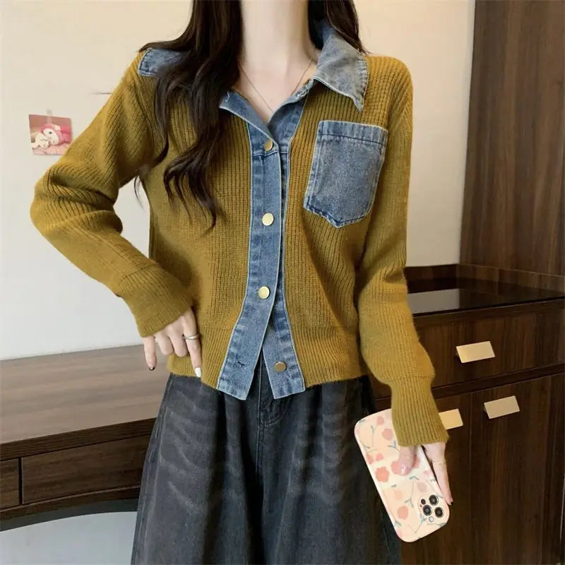 Sweater Denim Girl Splicing POLO Neck Fake Two-Piece Age-Reducing Trendy Large-Size Knitted Cardigan Top