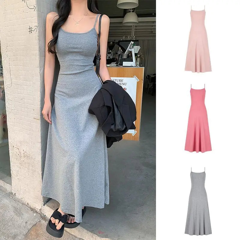 Women'S Sleeveless Spaghetti Strap Midi Dress Hepburn Style French Pure Desire Bodycon Flare Dress Casual Vacation Beach Outfit
