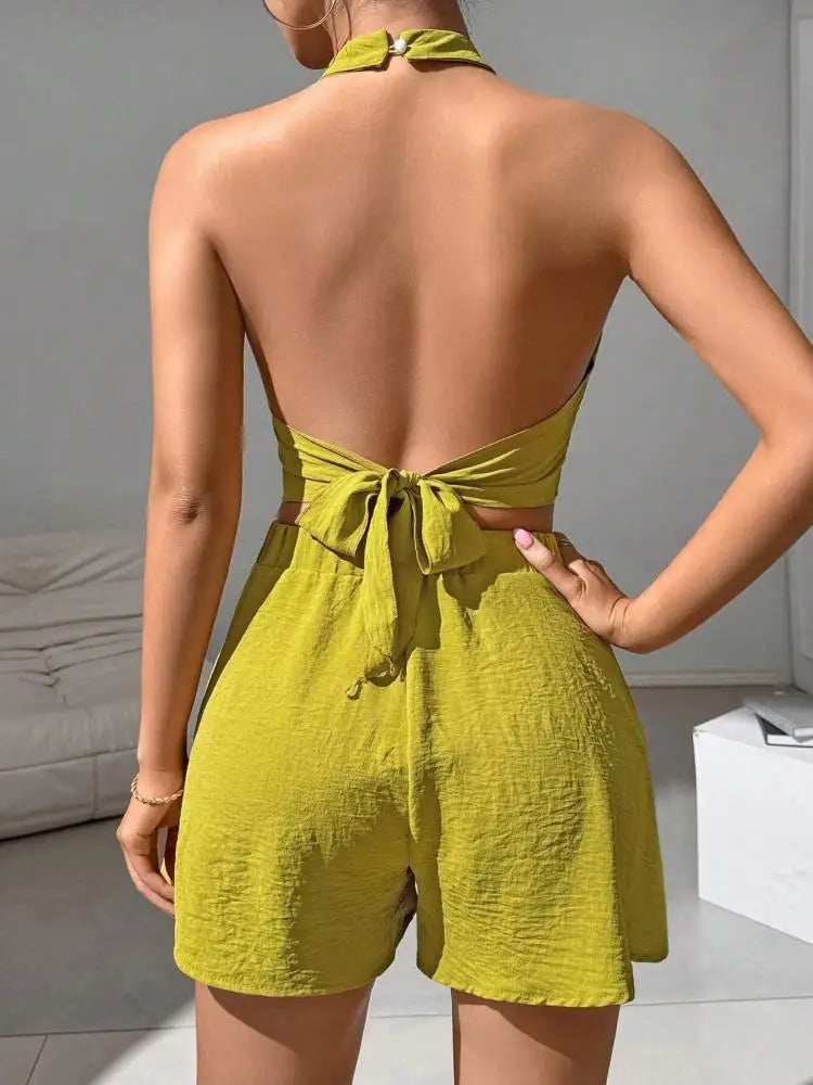 Summer Two Piece Set Women Yellow Sexy off Shoulder Halter Bandage Short Tops + High Waist Pleated Shorts Skirt Streetwear Trend
