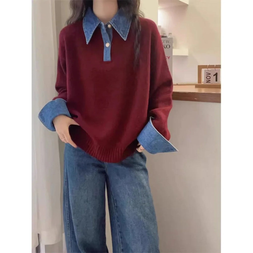 New Autumn Winter Polo Collar Denim Splicing Sweater Women'S Fashion Red Ice Silk Thin Thread Cardigan Sleeveless Pure Color