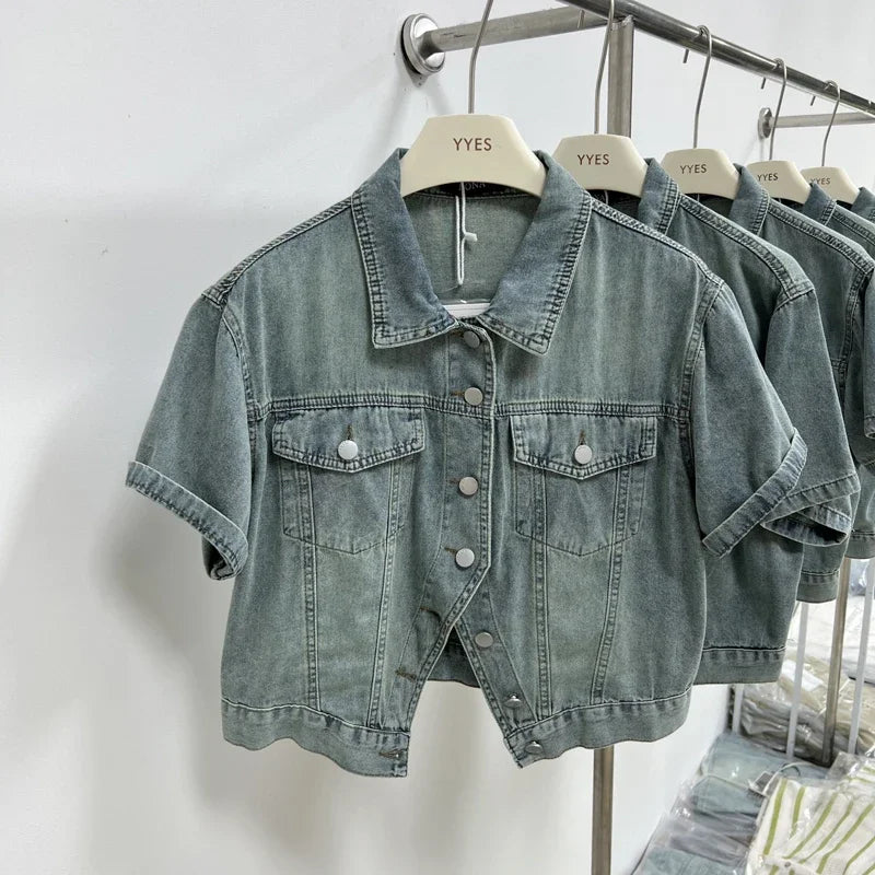 Women'S Vintage Washed Short Sleeve Cropped Denim Jacket Casual Summer Outerwear