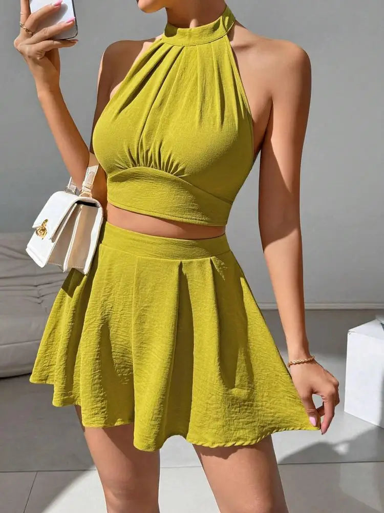Summer Two Piece Set Women Yellow Sexy off Shoulder Halter Bandage Short Tops + High Waist Pleated Shorts Skirt Streetwear Trend