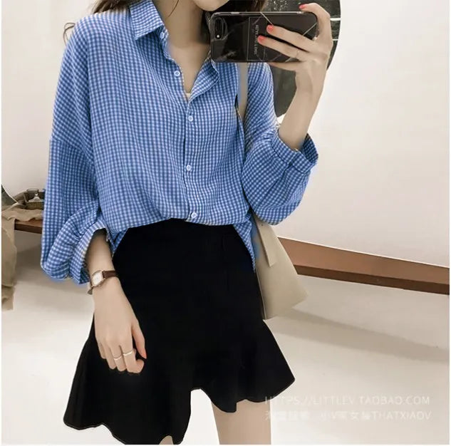 Women Shirt Plaid Blouses Lantern Sleeves Turn down Collar Single Breasted Slight Strech Slim Fit Office Lady Casual 2026 Autumn