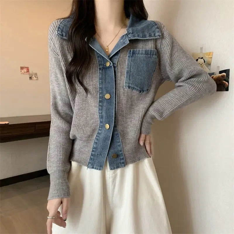 Sweater Denim Girl Splicing POLO Neck Fake Two-Piece Age-Reducing Trendy Large-Size Knitted Cardigan Top