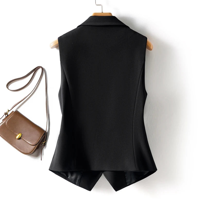Black Sleeveless Suit Vest for Women, Short Single-Breasted Workplace Elegant, Slim and Versatile Vest Top, Spring & Fall Style
