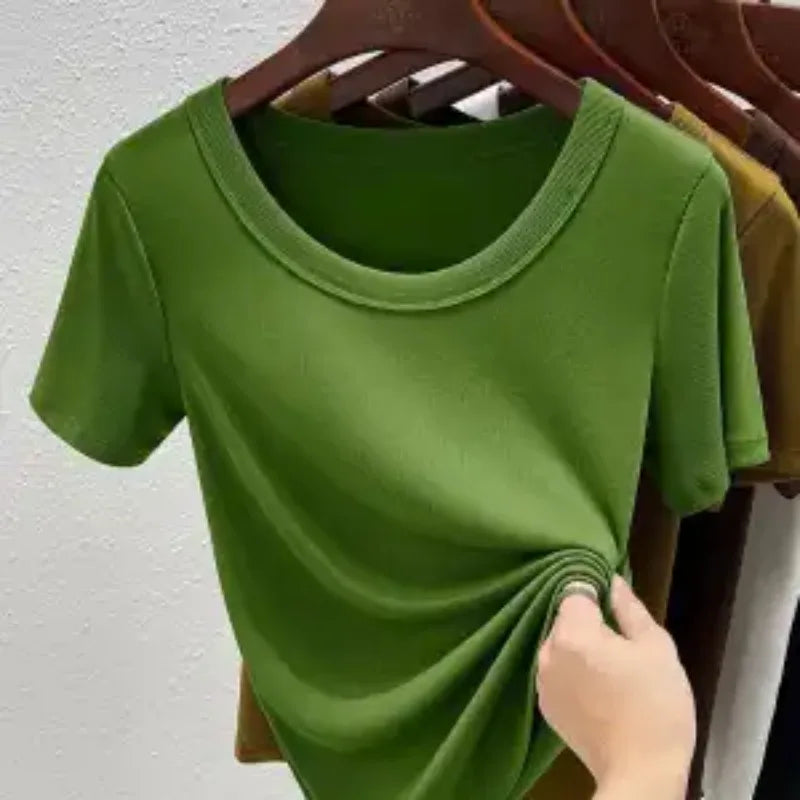 Women'S High Stretch Ribbed T-Shirt Crew Neck Short Sleeve Loose Casual Summer Top