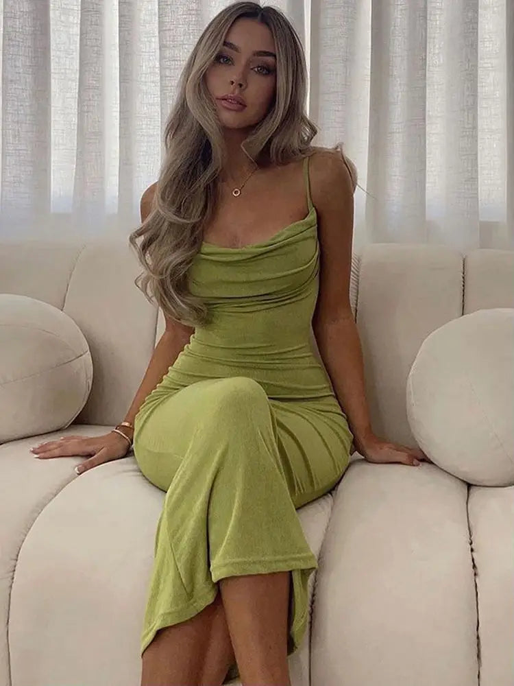 Elegant Sexy Draped Maxi Dress Summer Outfits for Women Gown Club Party Sleeveless Spaghetti Strap Dresses Bodycon