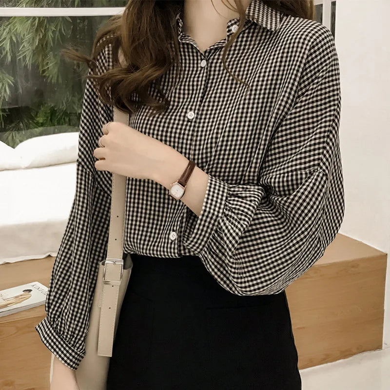 Women Shirt Plaid Blouses Lantern Sleeves Turn down Collar Single Breasted Slight Strech Slim Fit Office Lady Casual 2026 Autumn