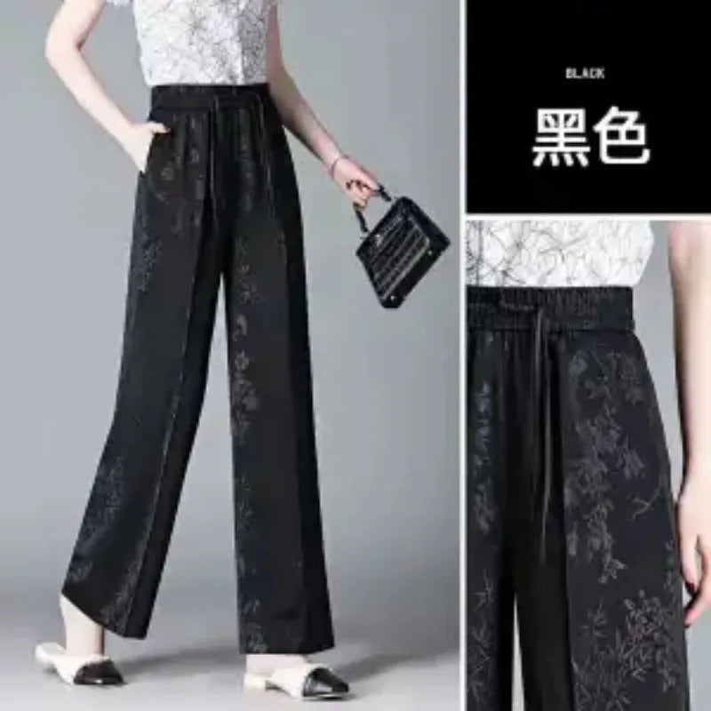 Women'S Jacquard High Waist Ice Silk Wide Leg Pants Summer Chinese Style Loose Straight Casual Long Trousers