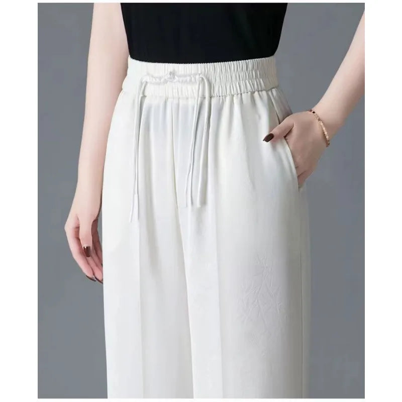 Women'S Jacquard High Waist Ice Silk Wide Leg Pants Summer Chinese Style Loose Straight Casual Long Trousers