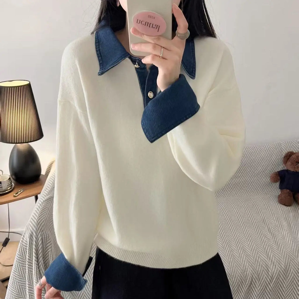 New Autumn Winter Polo Collar Denim Splicing Sweater Women'S Fashion Red Ice Silk Thin Thread Cardigan Sleeveless Pure Color