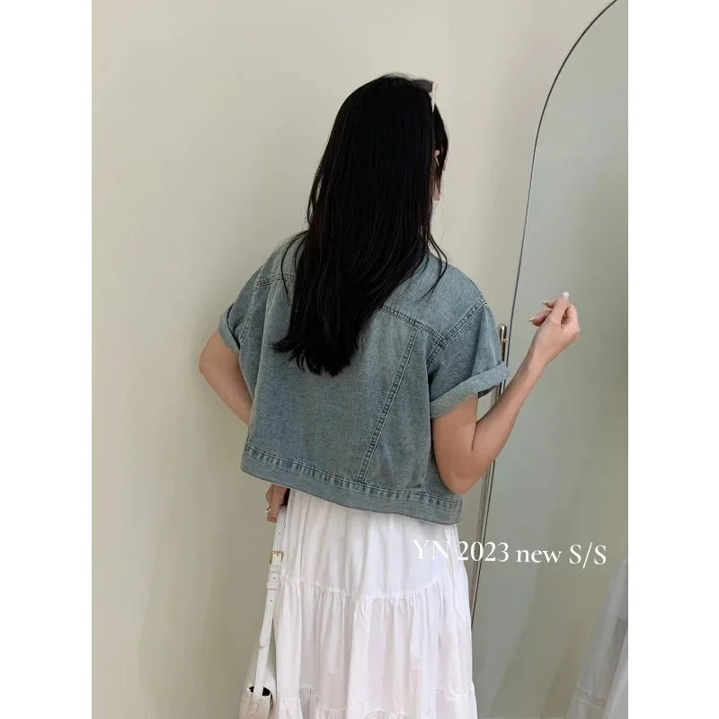Women'S Vintage Washed Short Sleeve Cropped Denim Jacket Casual Summer Outerwear