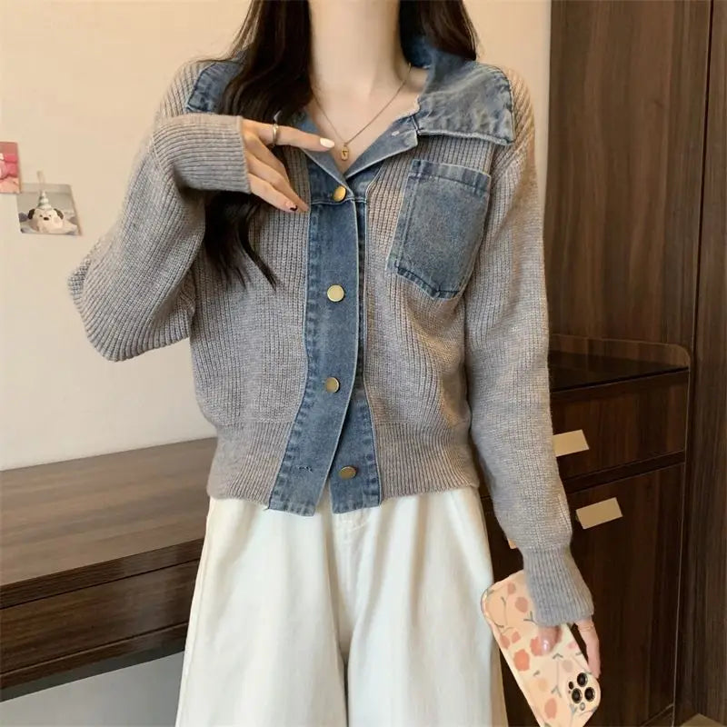 Sweater Denim Girl Splicing POLO Neck Fake Two-Piece Age-Reducing Trendy Large-Size Knitted Cardigan Top