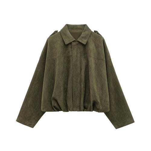 HH Women Brown Green Suede Jacket Loose Casual Bomber Coat Lapel Zipper Long Sleeve Jackets Vintage Lady Motorcycle Outwears