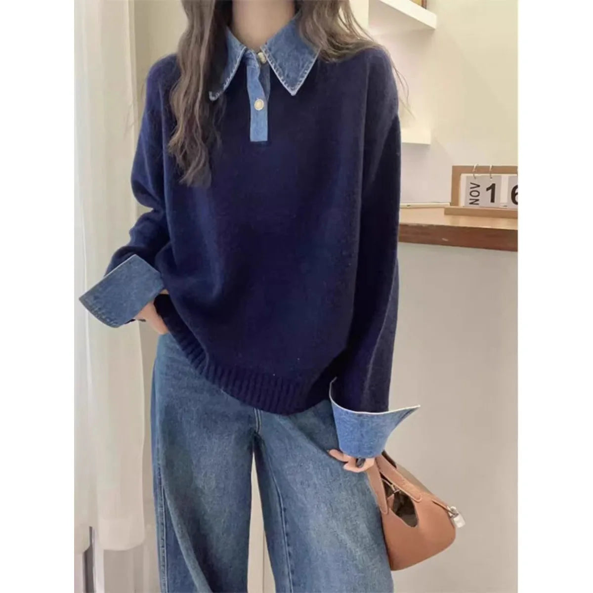 New Autumn Winter Polo Collar Denim Splicing Sweater Women'S Fashion Red Ice Silk Thin Thread Cardigan Sleeveless Pure Color