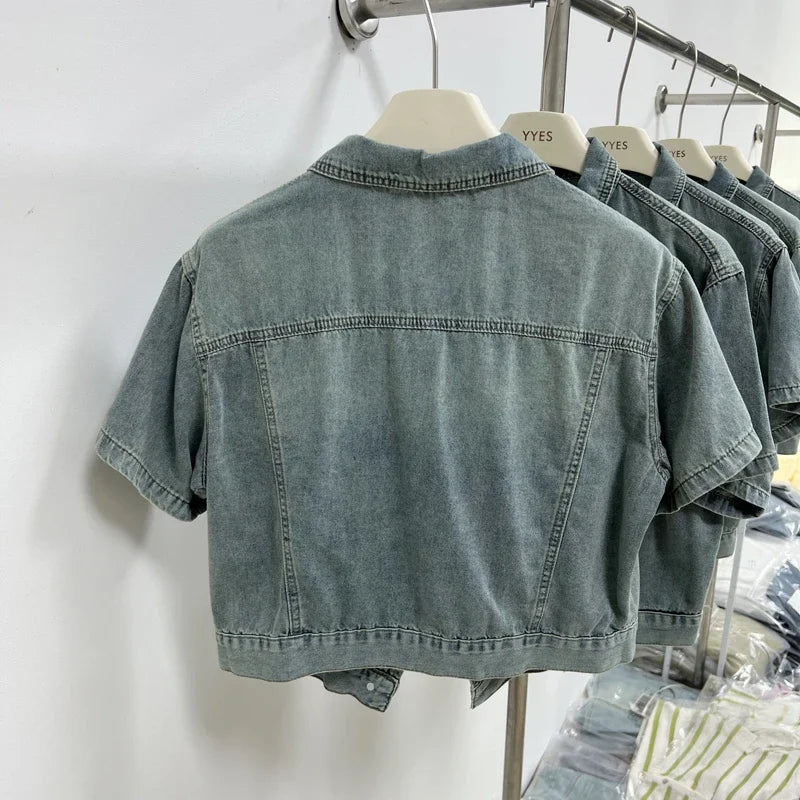 Women'S Vintage Washed Short Sleeve Cropped Denim Jacket Casual Summer Outerwear