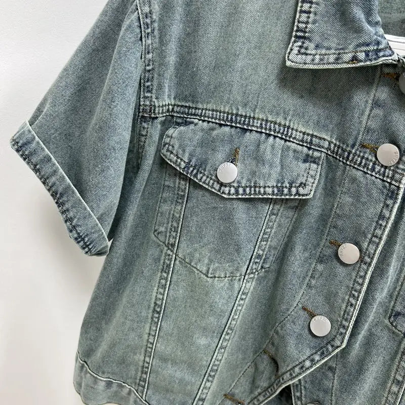 Women'S Vintage Washed Short Sleeve Cropped Denim Jacket Casual Summer Outerwear