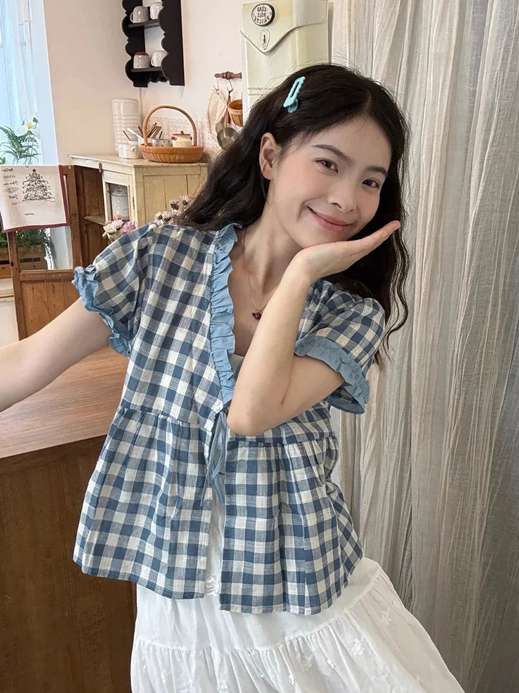 Cute Casual Plaid Blouse Women Loose Lace Patchwork Korean Shirt Summer Vintage Short Sleeve V Neck Female Sweet Tops New