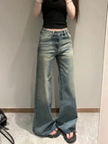 Women Vintage Washed Wide Leg Jeans High Waist Loose Flared Denim Pants Casual Streetwear Trousers